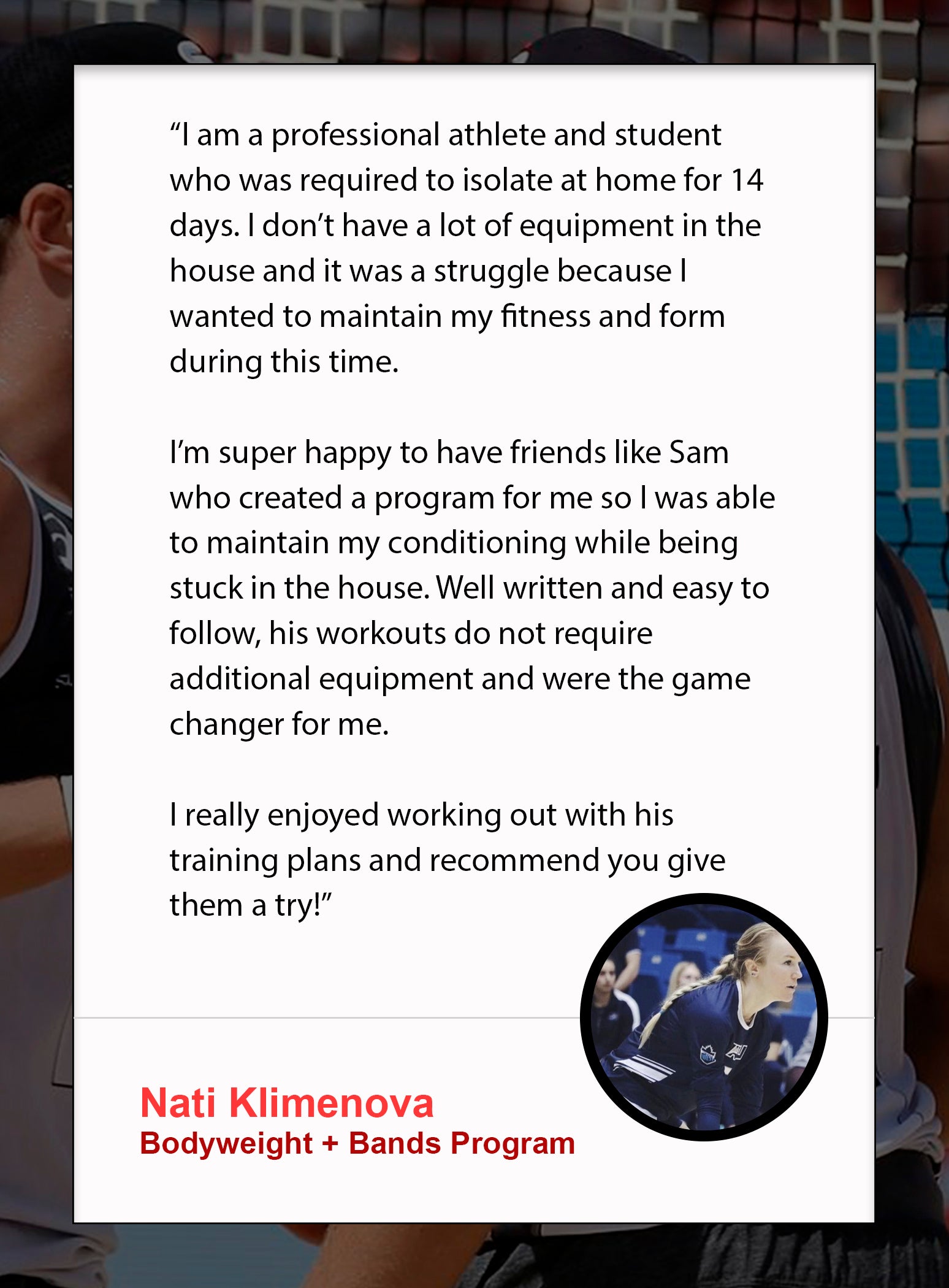 Bodyweight and bands volleyball program testimonial 1